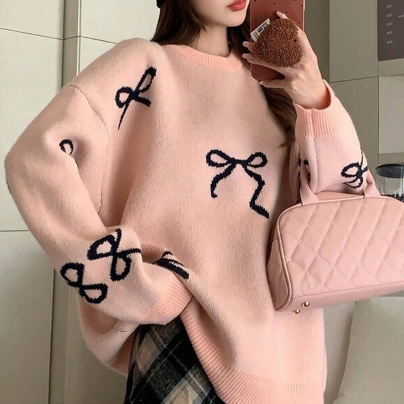 Pink Casual Women's Loose Fit Bowknot detailed Round Neck Long Sleeve Sweater - Picture 8 of 8